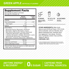 Optimum Nutrition etiqueta con ingredientes y 100 mg de cafeína por servicio visible