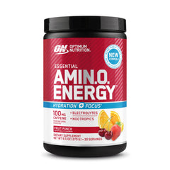Optimum Nutrition envase frontal mostrando el sabor Fruit Punch y beneficios claros