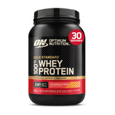 Optimum Nutrition frente del empaque mostrando marca y sabor fresa-plátano, ideal para identificación