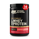 Optimum Nutrition tub front view showing strawberries and cream flavor and benefits