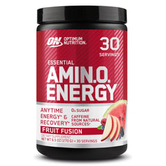Optimum Nutrition frente del envase mostrando sabor Fruit Fusion y beneficios de energía