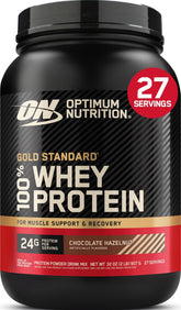 Optimum Nutrition front packaging showing 2 lb tub and flavor benefits