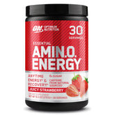 Optimum Nutrition tub front view showing Juicy Strawberry label and usage benefit