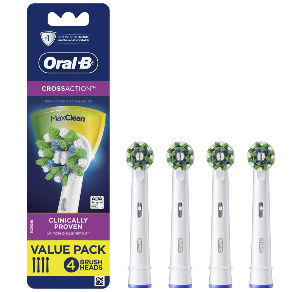Oral-B CrossAction frente del paquete mostrando las 4 unidades y compatibilidad