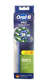 Oral-B front packaging showing eight replacement heads and benefits