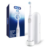 Oral-B front view of white iO handle showing sleek design and easy use benefits