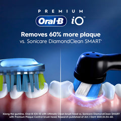Oral-B iO5 brush head detail showing round bristles for precise plaque removal