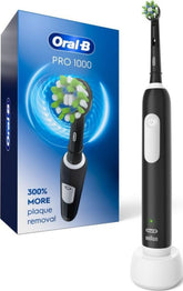 Oral-B Pro 1000 frontal en negro, diseño ergonómico y limpieza profunda