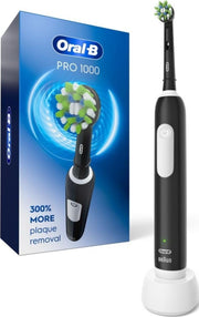 Oral-B Pro 1000 frontal en negro, diseño ergonómico y limpieza profunda
