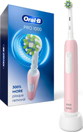 Oral-B Pro 1000 pink front view showing ergonomic handle and brush head for superior cleaning