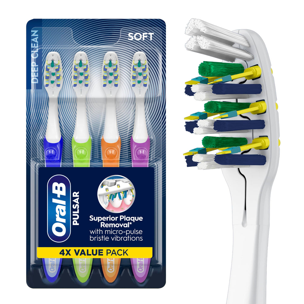 Oral-B Pulsar front packaging showing toothbrush and four heads for convenience