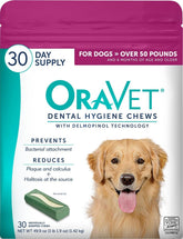 OraVet pink pouch front view showing 30-count pack and large-dog label benefit