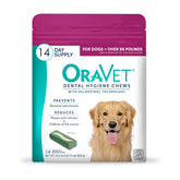 OraVet pink pouch front showing brand and count, promotes easy daily dental care