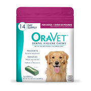 OraVet pink pouch front showing brand and count, promotes easy daily dental care