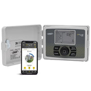 Orbit B-hyve vista frontal del controlador mostrando botones y pantalla y facilidad de uso