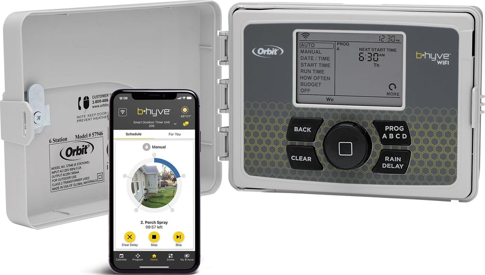 Orbit B-hyve vista frontal con controles visibles y facilidad de uso