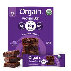 Orgain empaque frontal chocolate brownie mostrando beneficios orgánicos