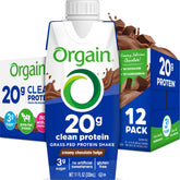 Orgain batido chocolate frente mostrando etiqueta y beneficio de proteína grass fed