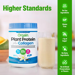 Batido preparado con Orgain en vaso, sabor vainilla y mezcla homogénea