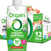 Orgain botella frente Fresas & Crema mostrando diseño y beneficio portátil