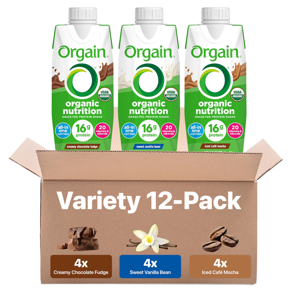 Orgain botella frontal del pack 12, muestra presentación lista para tomar