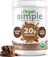 Orgain front packaging showing chocolate flavor and clean ingredients, highlights quality
