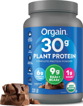 Orgain front packaging showing chocolate flavor and benefits