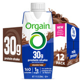 Orgain front packaging showing Chocolate Fudge flavor and 30g protein benefit