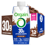Orgain front packaging showing Chocolate Fudge flavor and 30g protein benefit