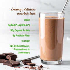 Orgain chocolate protein mixed shake poured into glass for recovery