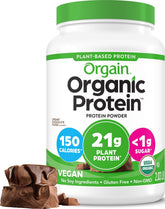 Orgain front packaging showing creamy chocolate fudge and benefits
