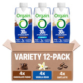 Orgain front packaging 12-pack showing variety and convenience