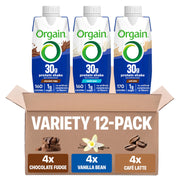 Orgain front packaging 12-pack showing variety and convenience