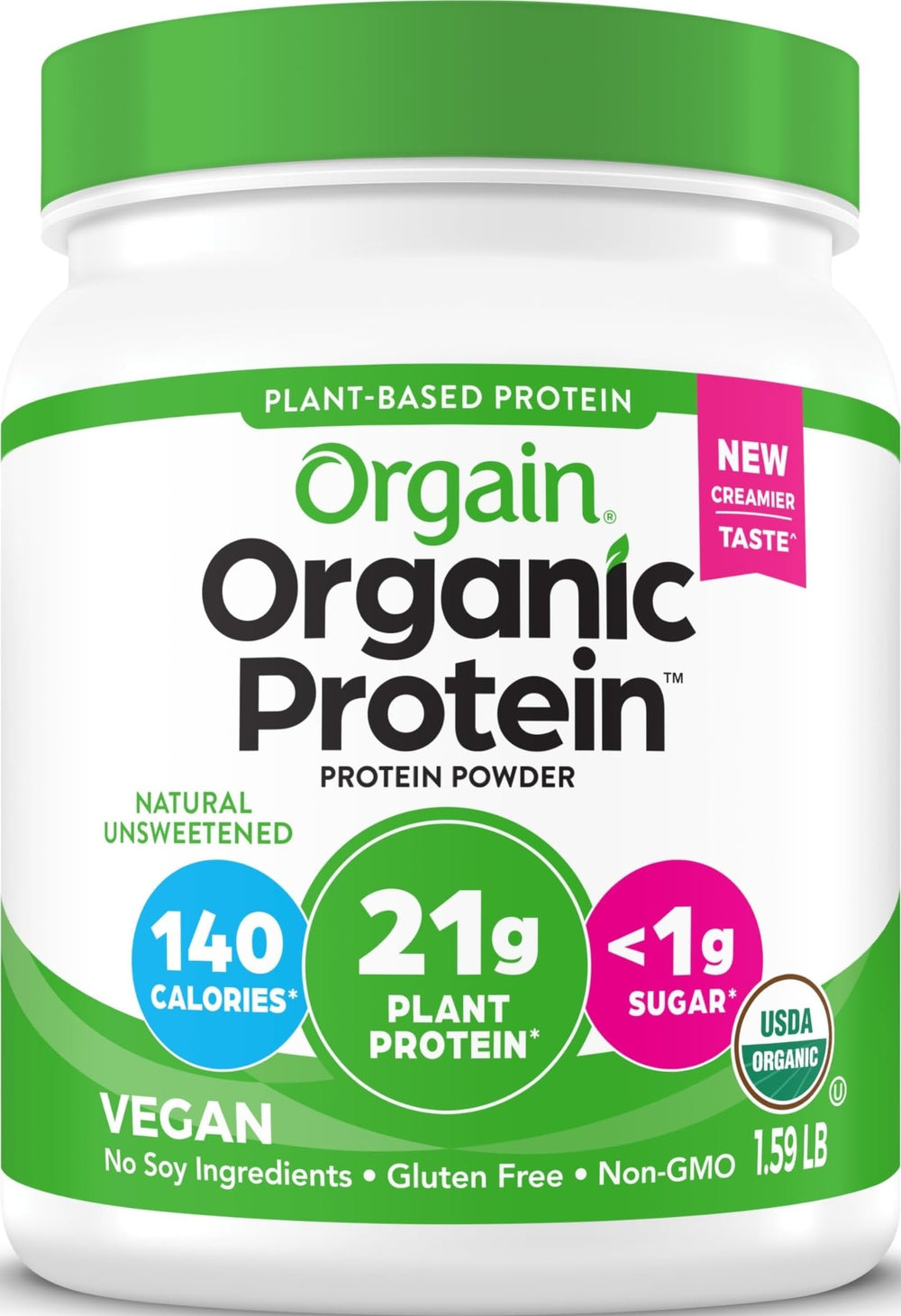 Orgain front packaging showing natural unsweetened label and benefits