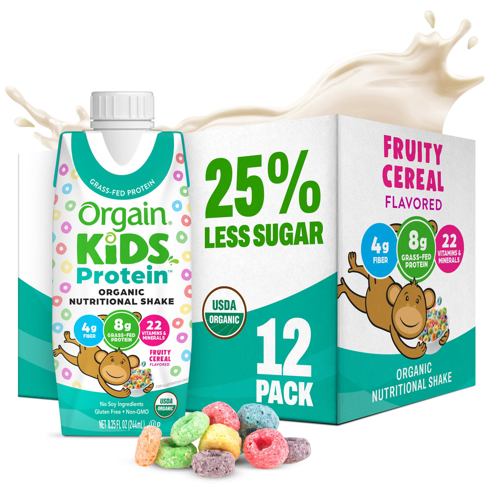 Orgain frente del envase mostrando sabor Fruity Cereal y conveniencia