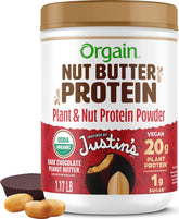 Orgain jar front label showing chocolate peanut butter flavor and benefits