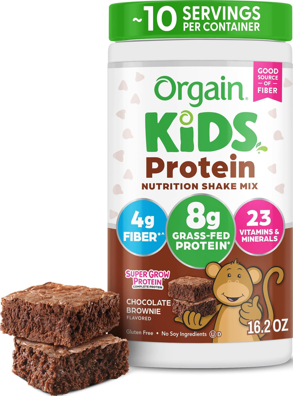 Orgain empaque frontal chocolate brownie mostrando beneficio nutritivo