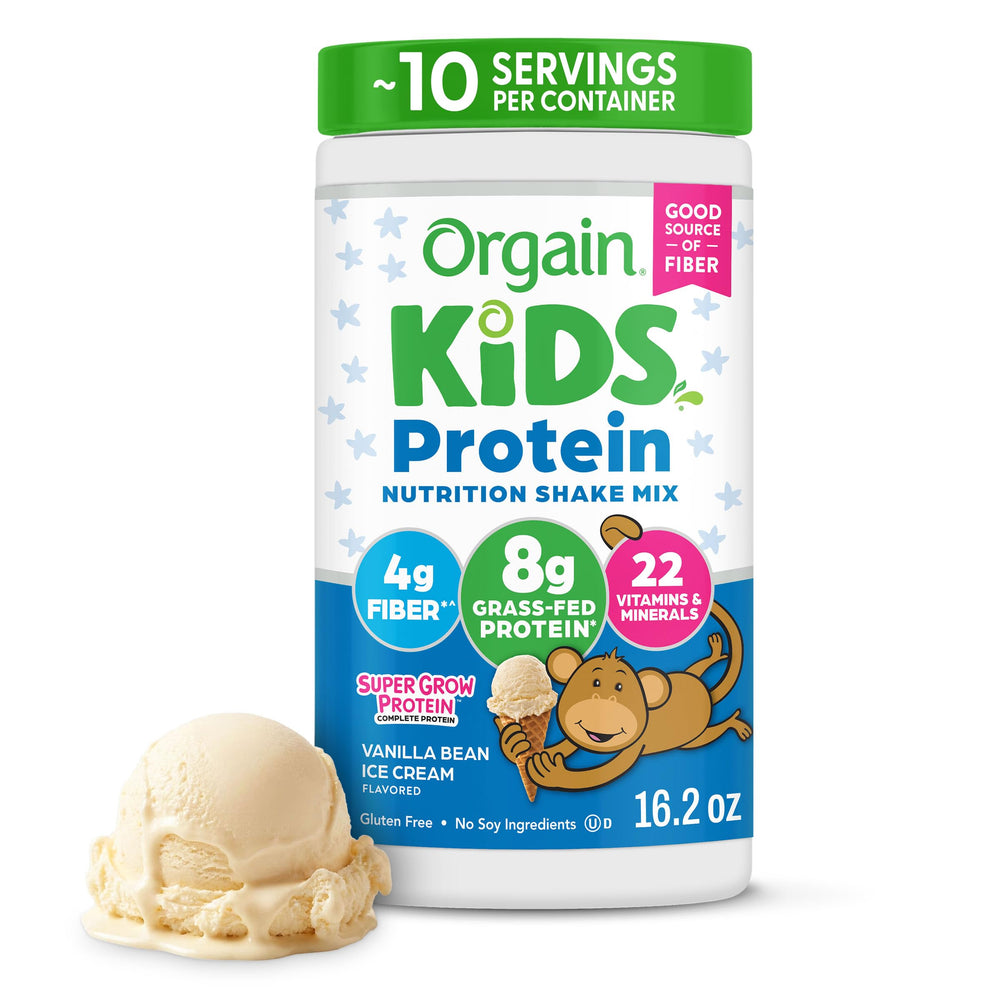 Orgain envase frontal mostrando sabor vainilla y beneficios nutricionales