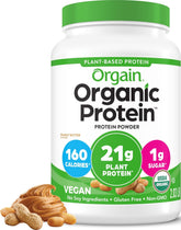 Orgain peanut butter front tub showing label and organic certification benefits