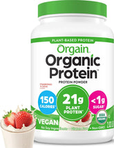 Orgain front label showing strawberries & cream flavor and organic benefits