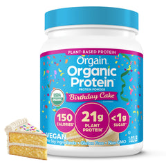 Orgain tarro frontal Birthday Cake mostrando etiqueta y beneficio limpio