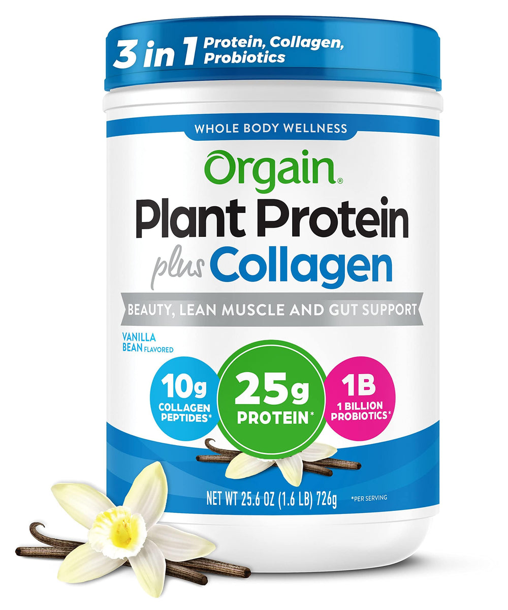 Orgain envase frontal Vainilla Bean mostrando la marca y contenido, opción limpia