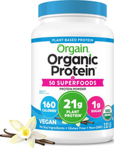Orgain front packaging showing vanilla bean and organic badge benefits
