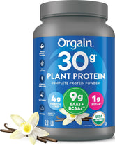Orgain vanilla front tub showing label and organic certification benefits