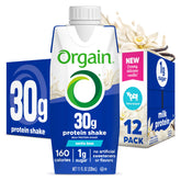 Orgain vanilla shake front packaging showing 30g protein and benefits