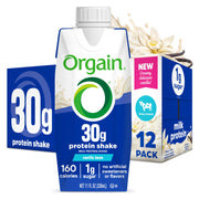 Orgain vanilla shake front packaging showing 30g protein and benefits