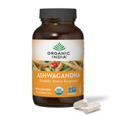 ORGANIC INDIA front bottle showing organic ashwagandha supplement benefits