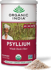 ORGANIC INDIA empaque frontal del psyllium mostrando tamaño y etiquetado orgánico