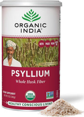 ORGANIC INDIA empaque frontal del psyllium mostrando tamaño y etiquetado orgánico