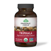 ORGANIC INDIA front packaging showing the Triphala 180 capsules and benefits